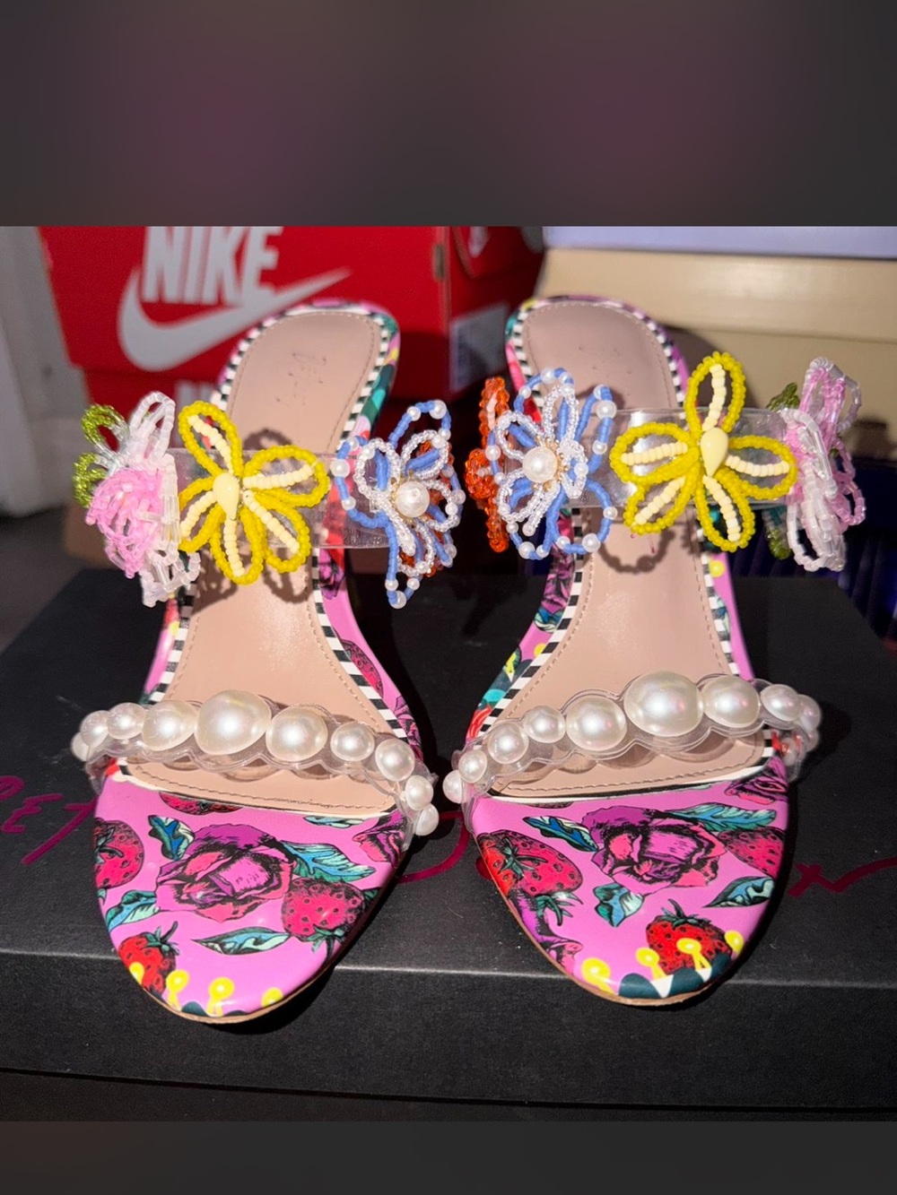 Betsey Johnson Pink Floral Beaded Pearl Strap Heels